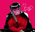  anger_vein bandage_on_face bandaged_hands bandages baseball_bat black_hair blood blood_on_face injury jacket_on_shoulders kinzoku_bat male_focus muscle nosebleed one-punch_man pompadour red_eyes solo tariah_furlow upper_body 