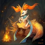  big_ears blue_eyes braixen camp canine cute eating eldrige fangs fire food fox fur grass log looking_at_viewer mammal marshmallow night nintendo pok&eacute;mon scarf solo stick tree video_games watermark wood 