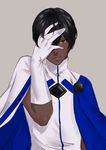  absurdres arjuna_(fate/grand_order) black_hair cape commentary_request dark_skin dark_skinned_male fate/grand_order fate_(series) gloves grin hand_over_face highres jacky5493 male_focus simple_background smile solo upper_body 