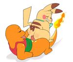  anal anal_penetration anus bottomles bow_tie butt butt_blush butt_grab charmander clothing cute_fangs digital_media_(artwork) duo erection eroborus eyes_closed grin hadou hand_on_butt looking_back looking_pleasured lying male male/male mostly_nude nintendo on_back on_top open_mouth penetration penis_riding pikachu pok&eacute;mon reverse_cowgirl_position semi-anthro sex shirt sweat tank_top tongue video_games 