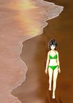  amagami barefoot beach bikini black_hair footprints green_bikini kankon_(idou_toshokan) messy_hair sand shadow smile solo surf swimsuit tanamachi_kaoru walking 