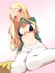  blonde_hair bra breasts cleavage clothes_lift crotch_seam hair_between_eyes idolmaster idolmaster_cinderella_girls knees_together_feet_apart long_hair long_sleeves maru_(sara_duke) medium_breasts mochizuki_hijiri mouth_hold navel panties panties_under_pantyhose pantyhose red_eyes ribbed_sweater solo sweater sweater_lift underwear white_legwear 