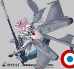  ammunition ammunition_belt armpits canards elbow_gloves fingerless_gloves gloves grey_background gun hair_ornament highres jet_engine looking_at_viewer mecha_musume nenchi personification pink_eyes pink_hair rafale side_ponytail simple_background smile solo weapon wings 