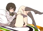  absurdres ass ass_grab black_hair black_legwear blush brown_eyes censored grabbing_own_ass grey_panties highres kneehighs legs_up looking_at_viewer lying on_back original panties panty_pull parted_lips pleated_skirt pubic_hair pussy saitou_masatsugu scan school_uniform serafuku short_hair simple_background skirt solo spread_ass underwear 