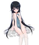  black_hair breasts covering flat_chest highres long_hair morino_donguri nipples nude_cover original small_breasts solo thighhighs towel very_long_hair wet white_legwear 