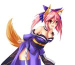  animal_ears blue_legwear bow breasts cleavage collarbone detached_sleeves fate/extra fate_(series) fox_ears fox_tail hair_bow hair_ribbon highres japanese_clothes large_breasts looking_at_viewer muji_(majunduo) pink_hair ribbon simple_background solo tail tamamo_(fate)_(all) tamamo_no_mae_(fate) white_background yellow_eyes 