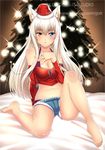  animal_ears bare_legs bare_shoulders barefoot blue_eyes breasts cat_ears cleavage coconut_(sayori) detached_sleeves go-it hat heterochromia large_breasts light_smile long_hair looking_at_viewer midriff navel nekopara santa_hat short_shorts shorts sitting solo watermark web_address yellow_eyes 