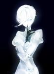  amputee androgynous antarcticite black_background black_gloves blue_eyes broken crystal disembodied_limb gem_uniform_(houseki_no_kuni) gloves hair_over_one_eye houseki_no_kuni looking_away moi_(green1012) mouth_hold puffy_short_sleeves puffy_sleeves self_hug severed_hand short_hair short_sleeves shorts simple_background solo sparkle upper_body white_hair white_skin 