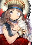  :o blush breasts brown_hair cleavage collarbone duplicate feathers hair_ribbon headdress large_breasts long_hair looking_at_viewer native_american_headdress ogino_atsuki original ribbon silver_eyes simple_background solo white_background 