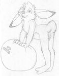  anthro balls barefoot bent_over buckteeth cub digitigrade greyscale jake_cottontail lagomorph looking_at_viewer male mammal mizzyam monochrome nude open_mouth pencil_(artwork) pinup pose rabbit sheath side_view smile solo space_hopper standing teeth traditional_media_(artwork) young 