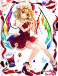  ascot biscuit blonde_hair bow daimaou_ruaeru flandre_scarlet food fork hat highres lips lipstick makeup mary_janes red_eyes shoes short_hair side_ponytail smile solo touhou wings 