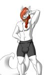  abs armpit_hair armpits big_bulge big_tail bike_shorts boxers_(clothing) bulge chest_tuft choker clothing ein_(artist) ein_(character) fur hair hand_on_head huge_bulge male muscular nipples red_eyes red_hair shorts simple_background solo standing tuft underwear white_fur 