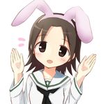  :d agumilk animal_ears brown_eyes brown_hair bunny_ears girls_und_panzer hands_up ooarai_school_uniform open_mouth sawa_azusa school_uniform serafuku short_hair smile solo white_background 