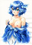  bare_shoulders blue_eyes blue_hair blush breasts detached_sleeves dress hair_ornament highres kawachi_koorogi marker_(medium) medium_breasts nipples piruluk shirt_pull short_hair solo sweat traditional_media wixoss 