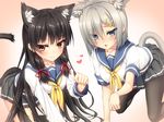  :o all_fours animal_ears artist_request bangs black_hair black_legwear black_skirt blue_eyes blush brown_eyes cat_ears cat_tail clenched_hand collarbone hair_ornament hair_ribbon hairclip hamakaze_(kantai_collection) heart highres isokaze_(kantai_collection) kantai_collection kemonomimi_mode log_pose long_hair looking_at_viewer multiple_girls neckerchief pantyhose parted_lips paw_pose paws red_eyes red_ribbon ribbon sailor_collar school_uniform serafuku shirt short_hair simple_background skirt smile tail very_long_hair visible_air white_hair white_shirt yellow_neckwear yellow_ribbon 