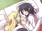  alternate_costume black_hair blanket blonde_hair chemise closed_eyes dairi drooling futon hakurei_reimu holding_hands juban kirisame_marisa long_hair lowres messy_hair multiple_girls parted_lips pillow robe short_hair sleeping sleepwear touhou yuri 