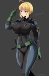  2radpersec absurdres ahoge artist_name bags_under_eyes belt blonde_hair blue_eyes body_cam bodysuit breasts character_name covered_nipples gloves green_gloves highres large_breasts original police salute short_hair skin_tight solo 