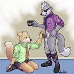  bottomless canine cup due erection eye_patch eyewear fox fox_mccloud male male/male mammal necktie nintendo smile star_fox video_games w0lfb0ne wolf wolf_o&#039;donnell 