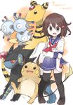  :d absurdres ampharos anchor_symbol black_legwear brown_eyes brown_hair crossover gen_1_pokemon gen_2_pokemon gen_4_pokemon hair_between_eyes hair_ornament hairclip highres holding holding_poke_ball ikazuchi_(kantai_collection) kantai_collection long_sleeves looking_at_viewer luxray magneton namekuji_(namekuzu) open_mouth poke_ball pokemon pokemon_(creature) raichu school_uniform serafuku short_hair skirt smile tail thighhighs twitter_username uniform yellow_eyes 