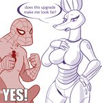  anthro breasts bulge canine dialogue dog duo english_text eyelashes featureless_breasts featureless_crotch female hand_on_hip human lonbluewolf machine male mammal marvel open_mouth robot speech_bubble spider-man superhero text 