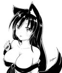  animal_ears breasts brooch cleavage collarbone dress fingernails greyscale imaizumi_kagerou jewelry large_breasts long_hair long_sleeves looking_at_viewer looking_up monochrome nail_polish open_mouth signature simple_background solo tail taurine_8000mg tongue tongue_out touhou twitter_username white_background wide_sleeves wolf_ears wolf_tail 