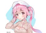  adore_(adoredesu) beret blue_background blue_hair blush breasts cleavage_cutout gradient_hair hand_to_head harusame_(kantai_collection) hat kantai_collection large_breasts looking_at_viewer meme_attire messy_hair multicolored_hair open-chest_sweater pink_eyes pink_hair ribbed_sweater side_ponytail simple_background sketch solo sweater turtleneck twitter_username upper_body white_background 