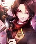  brown_hair earrings jewelry kashuu_kiyomitsu katana male_focus mole mole_under_mouth petals ponytail red_eyes scarf sheath smile solo sword touken_ranbu unsheathing watermark weapon zelda_c_wang 