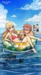  2boys 2girls anklet bandages barefoot bikini black_bikini blonde_hair blue_hair breasts brown_eyes cat cleavage closed_eyes cloud day erza_scarlet fairy_tail fish gray_fullbuster hair_ornament hat holding instrument jewelry leonstar long_hair long_legs lucy_heartfilia medium_breasts multiple_boys multiple_girls natsu_dragneel navel ocean open_mouth outdoors pink_hair ponytail red_bikini red_hair see-through side-tie_bikini signature sky smile spiked_hair swimsuit tattoo 