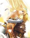  1girl blonde_hair blue_eyes breasts elbow_gloves ezreal gauntlets gloves green_eyes janna_windforce league_of_legends long_hair medium_breasts pointy_ears rokugatsu_no_usagi sideboob 