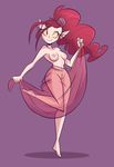  areola breasts fangs grutine hair herny midriff nipples pubes purple_background pussy red_hair school_for_vampires simple_background smile solo standing translucent vampire 
