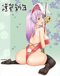  animal_ears areola_slip areolae arrow ass breasts bunny_ears bunny_tail come_hither feet highres large_breasts licking_lips long_hair misaki_takahiro purple_hair red_eyes reisen_udongein_inaba seductive_smile sitting smile solo tail thighs tongue tongue_out touhou translation_request wariza 