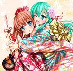  :o ;d akizuki_akina alternate_costume alternate_hair_ornament aqua_eyes aqua_hair arrow bag bell blue_eyes blush brown_hair commentary_request floral_background floral_print flower hair_flower hair_ornament hair_stick hairclip hamaya handbag hands_together japanese_clothes jingle_bell kantai_collection kimono kumano_(kantai_collection) long_hair long_sleeves multiple_girls obi one_eye_closed open_mouth peony_(flower) ponytail ribbon sash smile suzuya_(kantai_collection) wide_sleeves 