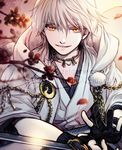  black_gloves cherry_blossoms gloves hood japanese_clothes katana male_focus partly_fingerless_gloves petals smile solo sword touken_ranbu tsurumaru_kuninaga watermark weapon white_hair yellow_eyes zelda_c_wang 