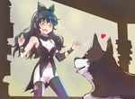  bare_shoulders black_hair blake_belladonna bow dog fang highres iesupa legwear_under_shorts midriff nervous pantyhose pantyhose_under_shorts rwby shorts surprised sweatdrop wavy_mouth welsh_corgi yellow_eyes zwei_(rwby) 