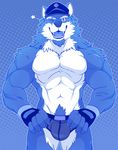  2016 abs aluminemsiren biceps bulge canine clothing drks facial_hair fur gloves hat looking_at_viewer male mammal muscular muscular_male one_eye_closed pecs scar underwear wink wolf 