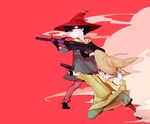  black_gloves boots brown_footwear character_request covered_mouth full_body gloves gun hand_on_headwear hat highres male_focus mo_(mocopo) moomin multiple_boys one_knee outstretched_arm pipe pose profile red_background rifle scarf smoke smoking snufkin weapon 