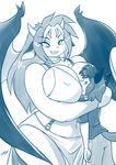  big_breasts blush breast_smother breasts chalo clothed clothing dragon duo female hair horn huge_breasts long_hair male monochrome nipple_bulge smile smothering thick_thighs wide_hips wings 