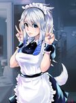  2015 animal_humanoid armwear blue_eyes blue_nails breasts clothed clothing female fur hair hi_res human humanoid kindred_(lol) lamb_(lol) league_of_legends long_hair looking_at_viewer maid maid_uniform mammal painted_nails peace_sign_(disambiguation) smile solo sweat uniform unknown_artist video_games white_fur white_hair 