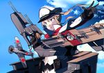  aircraft airplane blonde_hair blue_eyes capelet card chromatic_aberration gloves graf_zeppelin_(kantai_collection) hat kantai_collection long_hair machinery md5_mismatch peaked_cap sahuyaiya solo swastika turret twintails 
