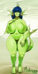  1girl 2016 anthro beach big_breasts blue_hair breasts character_request copyright_request female fin fish fish_girl gills green_eyes green_skin hair head_fins hi_res looking_at_viewer marine mature_female modeseven monster_girl nipples nitrotitan scales smile solo tail voluptuous webbed_feet wide_hips 