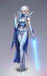  banned_artist blonde_hair blue_eyes braid breasts cleavage company_connection elsa_(frozen) energy_sword fingernails frozen_(disney) grey_background hair_over_shoulder highres hips legs lightsaber lips long_fingernails long_hair paul_kwon single_braid small_breasts solo standing star_wars sword thighs weapon 