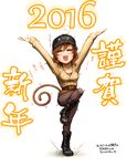  2016 =_= \o/ ahoge arms_up artist_self-insert baseball_cap blush boots breasts chibi chinese_zodiac combat_boots commentary_request fabulous full_body hat imizu_(nitro_unknown) imizu_(nitro_unknown)_(character) leg_up legwear_under_shorts medium_breasts monkey_tail new_year original outstretched_arms pantyhose pantyhose_under_shorts real_life_insert ribbed_sweater short_shorts shorts solo standing standing_on_one_leg sweater tail translation_request v-neck year_of_the_monkey 