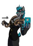  2016 anthro breasts cellphone chakat-silverpaws clothing corset fangs feline female fur hair la_brea mammal phone pose python reptile saber-toothed_cat scalie simple_background slefie snake teeth 