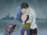  1girl arya arya-aiedail black_hair blue_hair breasts fairy_tail gray_fullbuster hetero juvia_lockser kiss long_hair medium_breasts rain shirt sideboob spiked_hair umbrella watermark web_address wet white_shirt 