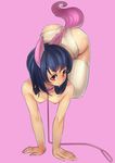  absurdres all_fours animal_ears ass blue_hair breasts collar collarbone fengmo hanging_breasts highres leash long_hair panties pink_background red_eyes simple_background small_breasts smile solo tail thighhighs underwear 