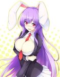  animal_ears bangs between_breasts blazer blouse blush breasts bunny_ears cleavage highres jacket large_breasts long_hair looking_at_viewer purple_hair red_eyes reisen_udongein_inaba simple_background skirt solo tareme tirotata touhou very_long_hair wavy_mouth white_blouse white_skirt 