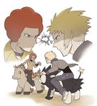  afro blonde_hair blue_eyes denbaa denji_(pokemon) elite_four gen_1_pokemon gen_4_pokemon jacket lightning_glare looking_at_another luxray multiple_boys ooba_(pokemon) open_clothes open_jacket pokemon pokemon_(creature) pokemon_(game) pokemon_dppt projected_inset rapidash red_hair riding shaded_face spark veins white_background 