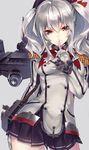  breasts cowboy_shot epaulettes finger_to_mouth gloves hario_4 kantai_collection kashima_(kantai_collection) kerchief long_hair looking_at_viewer medium_breasts military military_uniform silver_hair smile solo twintails uniform wavy_hair 