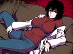  abe_inori black_eyes black_hair couch freckles looking_at_viewer original ribbed_sweater short_hair sitting solo sweater white_coat 