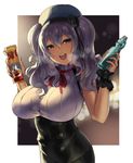  blurry blush bokeh bottle breasts breath commentary cosplay dagashi_kashi depth_of_field eu03 food highres kantai_collection kashima_(kantai_collection) large_breasts long_hair looking_at_viewer open_mouth purple_hair ramune shidare_hotaru shidare_hotaru_(cosplay) smile soda_bottle solo umaibou 